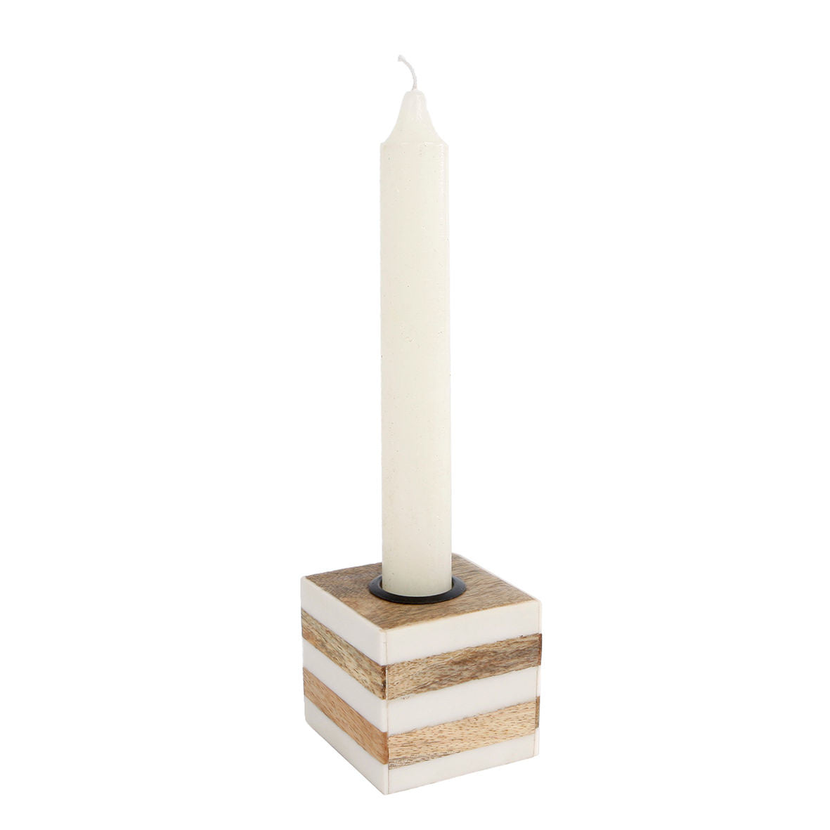 Candlestick "Stripes" natural/white 6x6x5cm