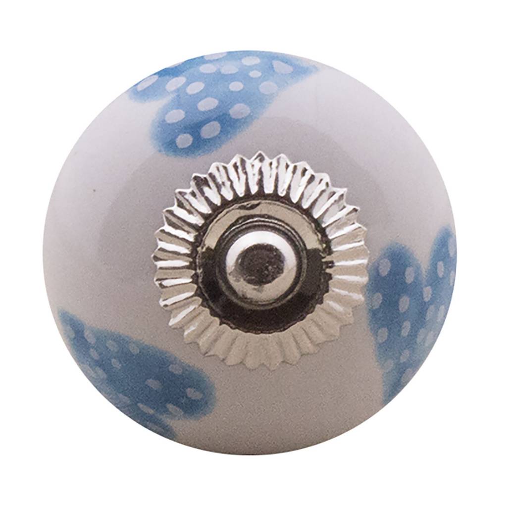 Furniture knob 40mm white blue dotted hearts - dark