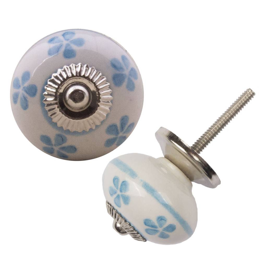 Meubelknop 40mm wit blauw bloemetjes