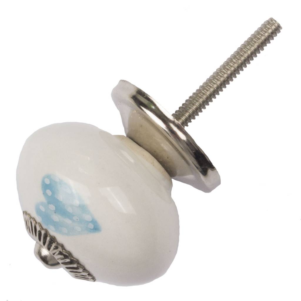 Furniture knob 40mm white blue dotted hearts - light