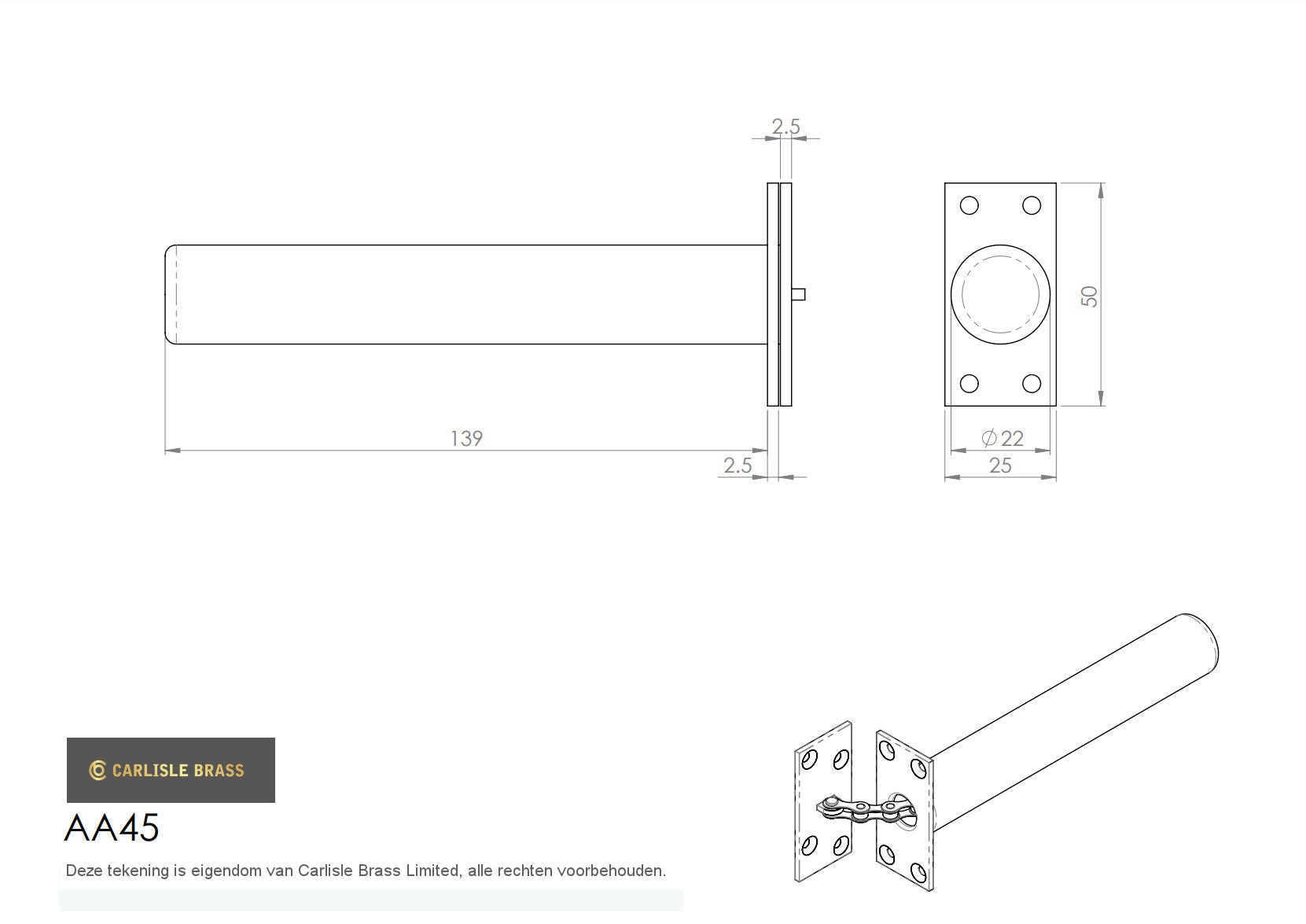 Built-in door closer 50x25x145mm brass