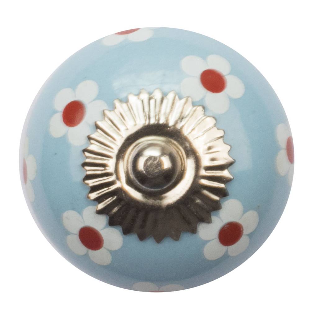 Meubelknop 40mm blauw wit rode bloemetjes