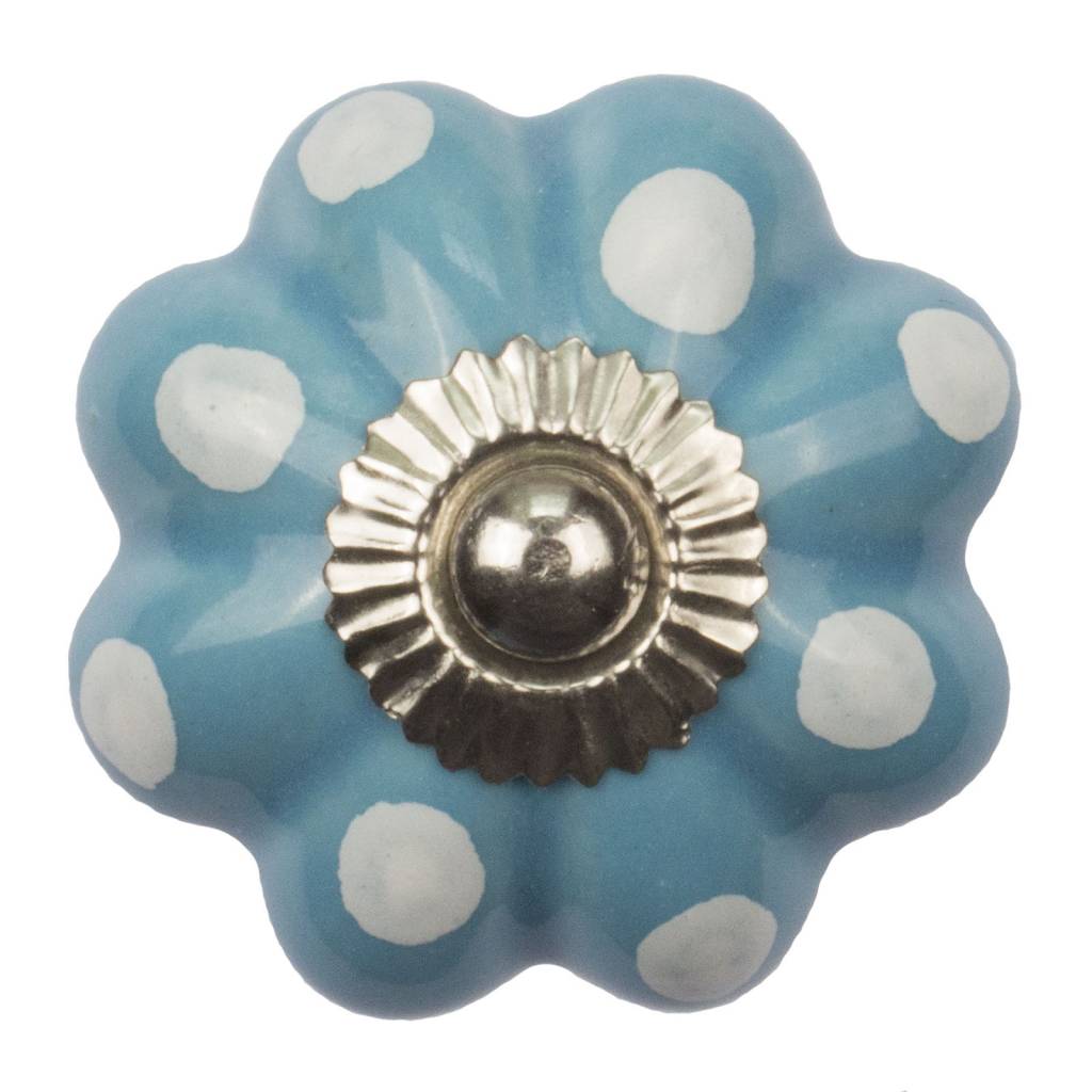 Meubelknop 40mm bloem blauw wit gestippeld