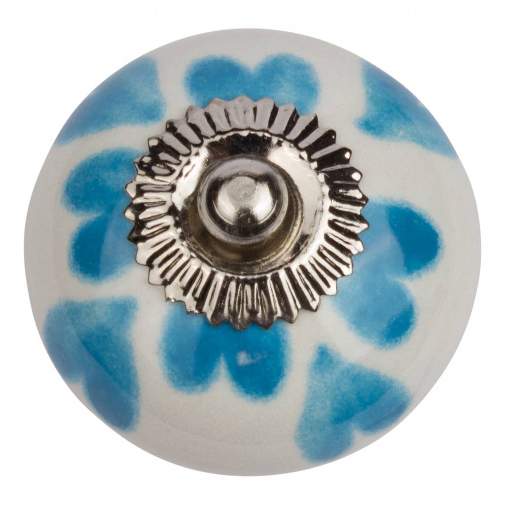 Meubelknop 40mm wit blauw hartjes