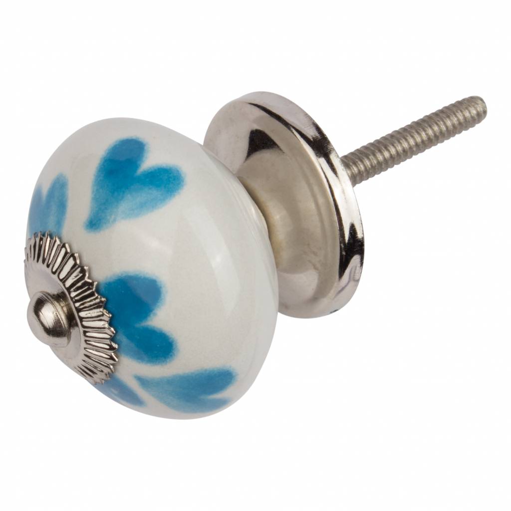 Meubelknop 40mm wit blauw hartjes