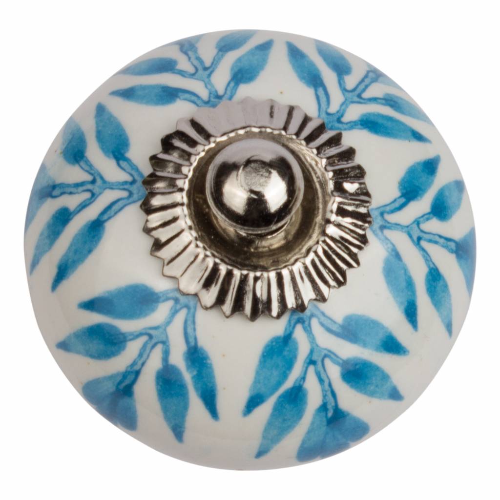 Meubelknop 40mm wit blauw blaadjes