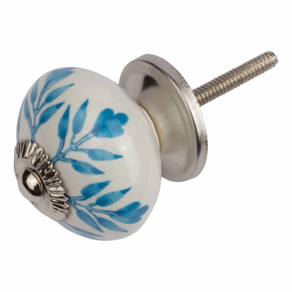 Meubelknop 40mm wit blauw blaadjes