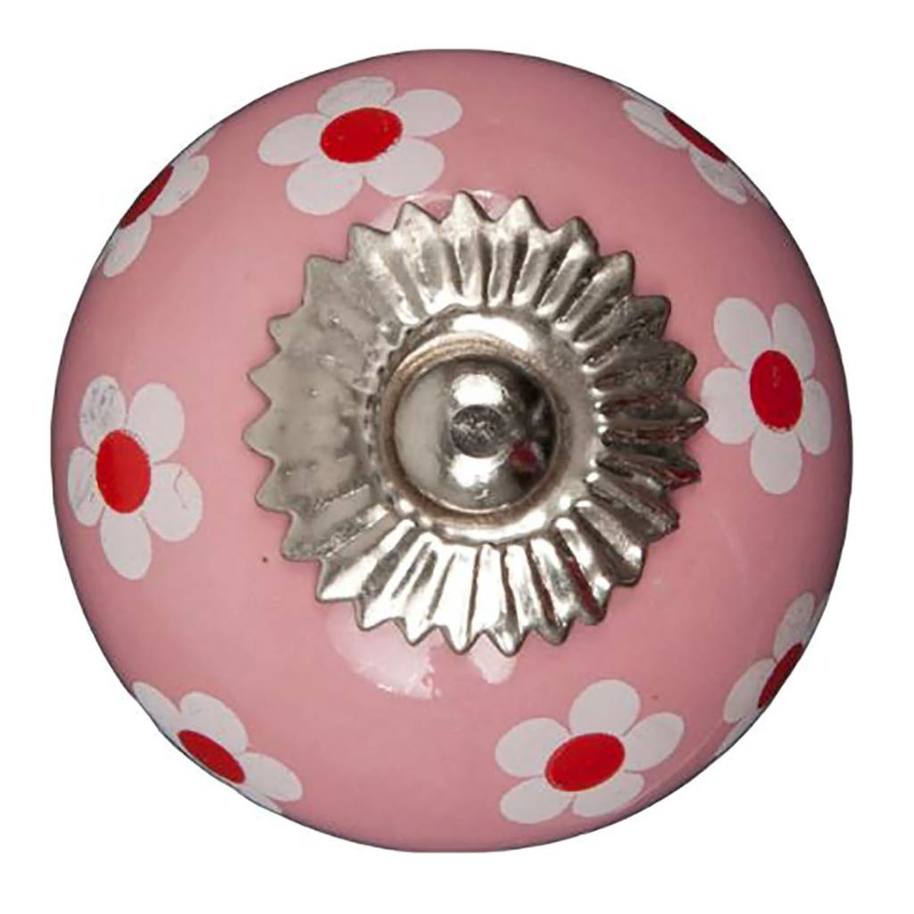 Meubelknop 40mm roze wit rode bloemetjes