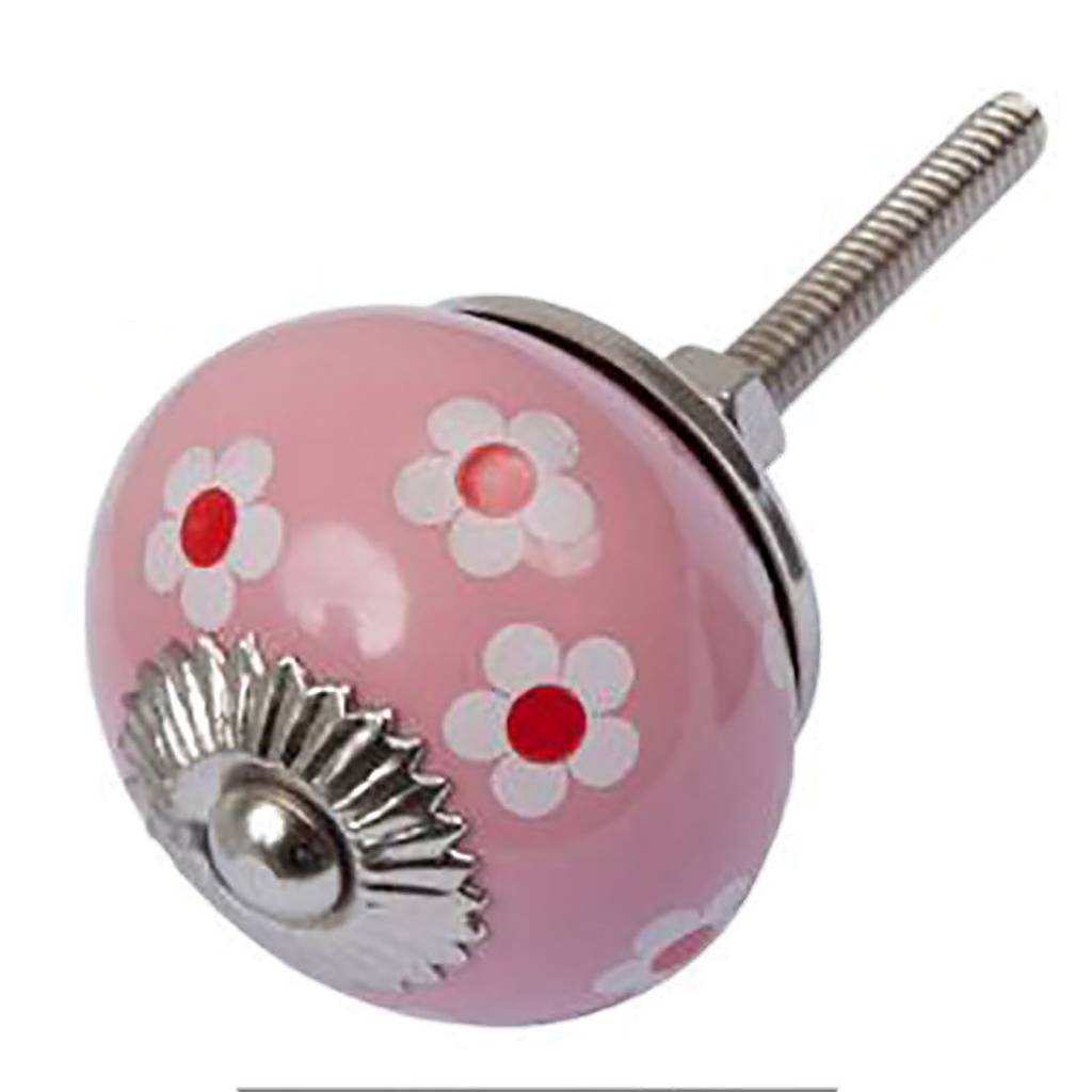 Meubelknop 40mm roze wit rode bloemetjes