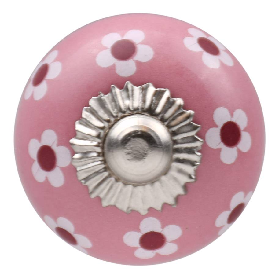 Meubelknop 30mm roze wit rode bloemetjes