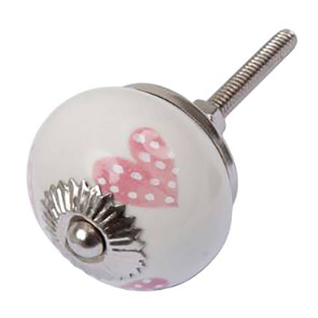 Furniture knob 40mm white pink dotted hearts | light