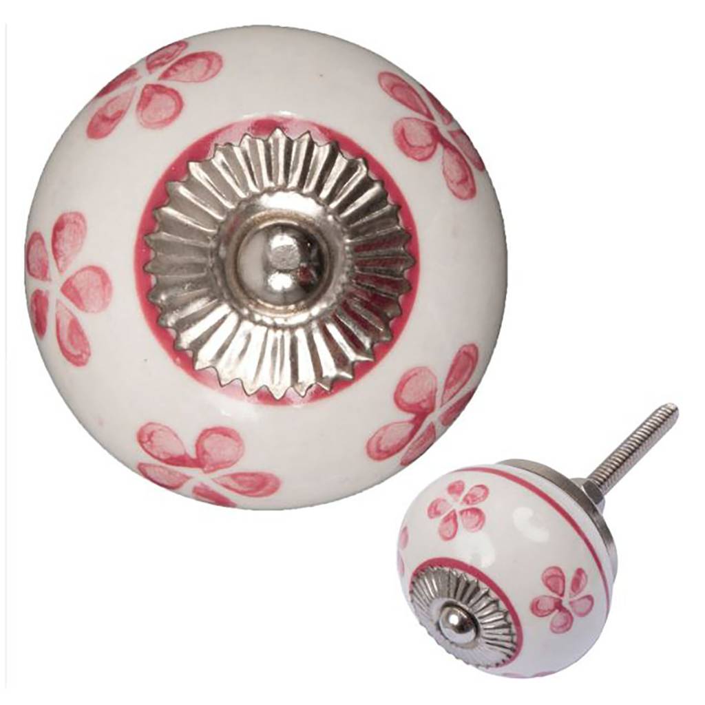 Furniture knob 40mm white with pink flowers