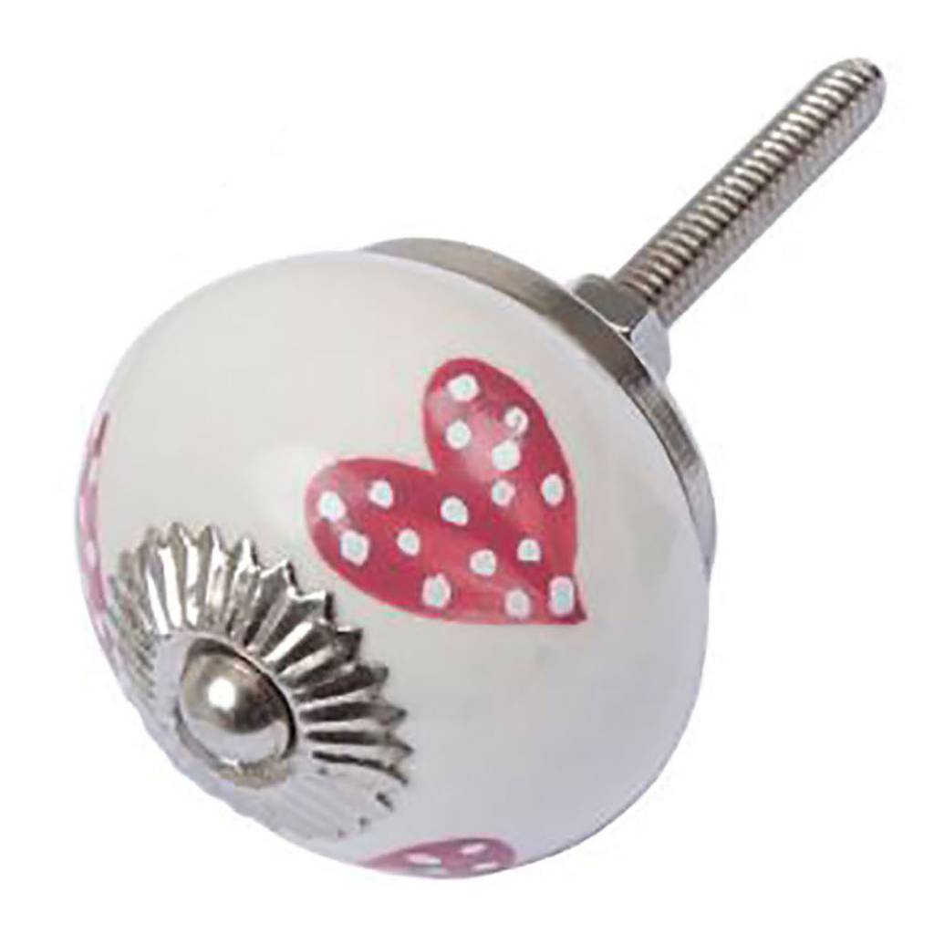 Furniture knob 40mm white pink dotted hearts | dark