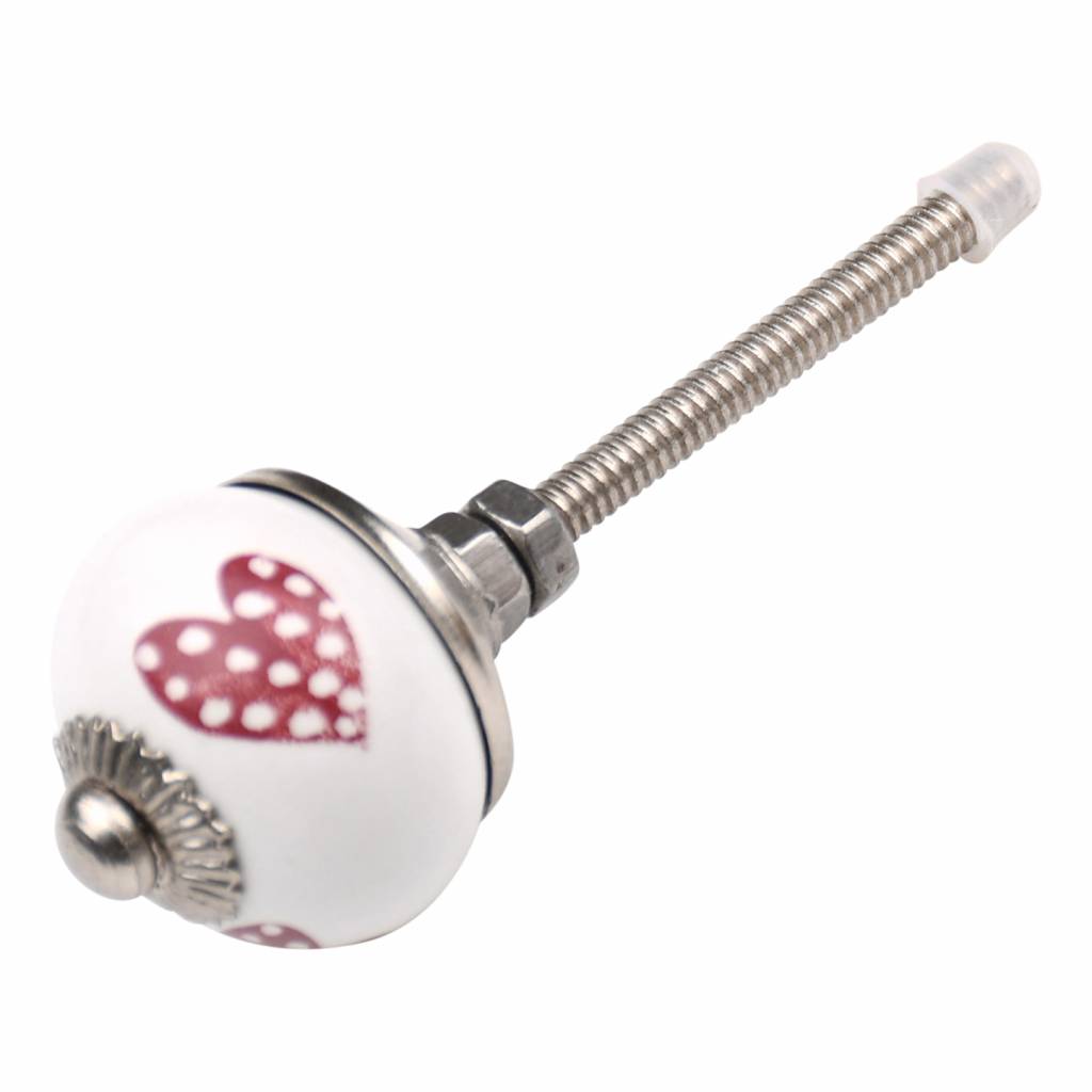 Furniture knob 30mm white pink dotted hearts - dark