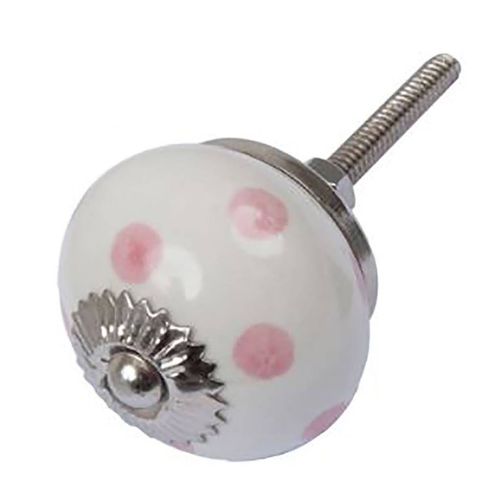 Furniture knob 40mm white pink dotted | light