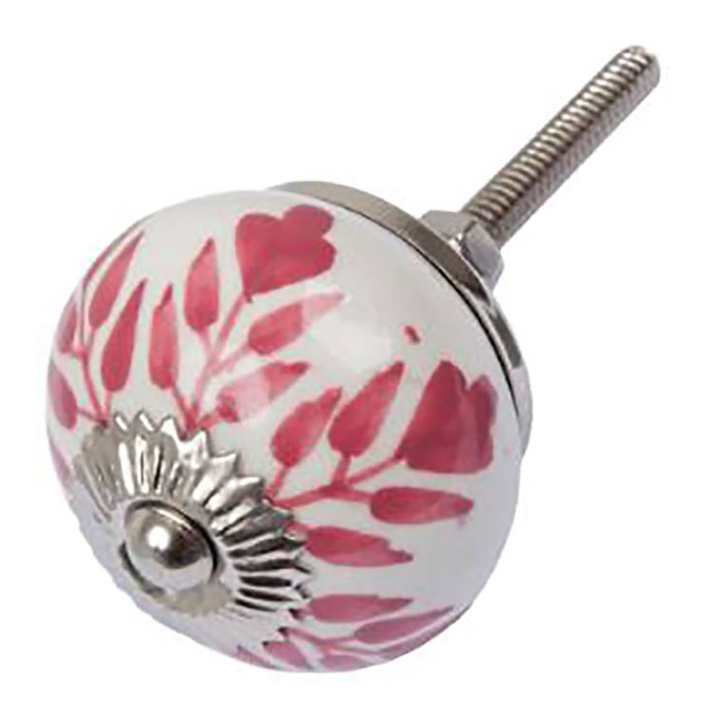 Furniture knob 40mm white pink leaves