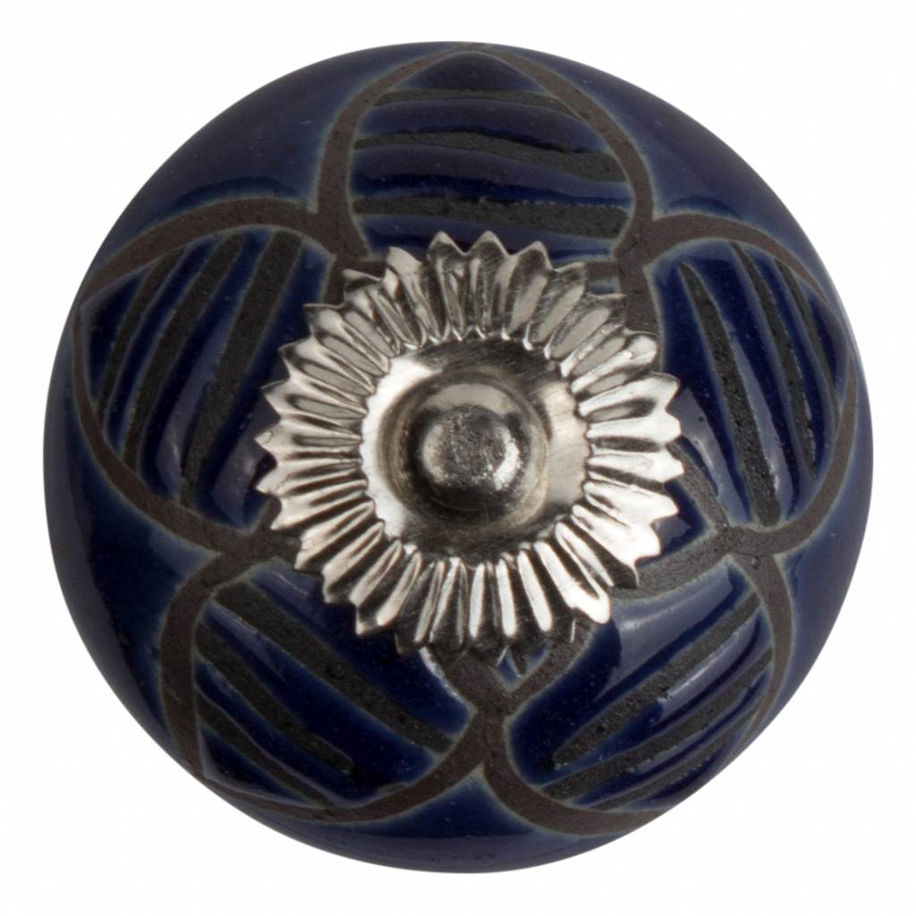 Meubelknop 40mm reliëf bloem blauw zwart