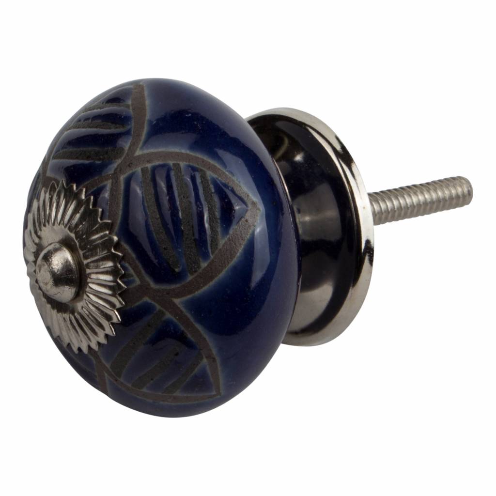 Furniture knob 40mm relief flower blue black