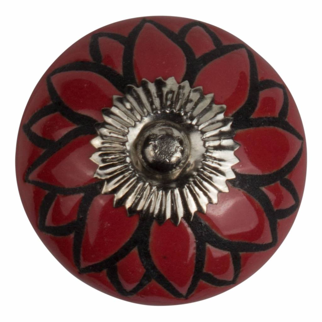 Meubelknop 40mm reliëf Deco bloem rood/zwart