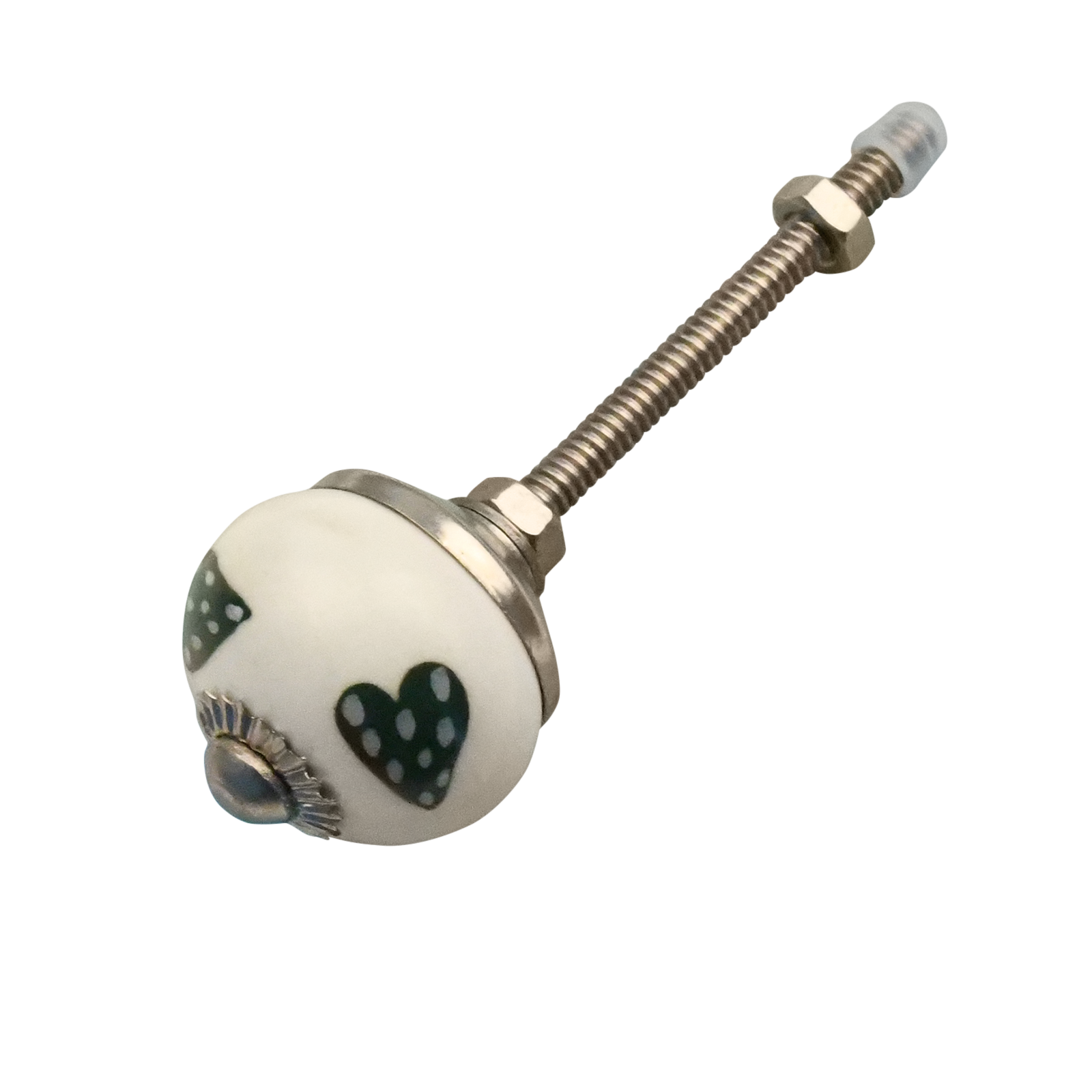 Furniture knob 30mm white green dotted hearts