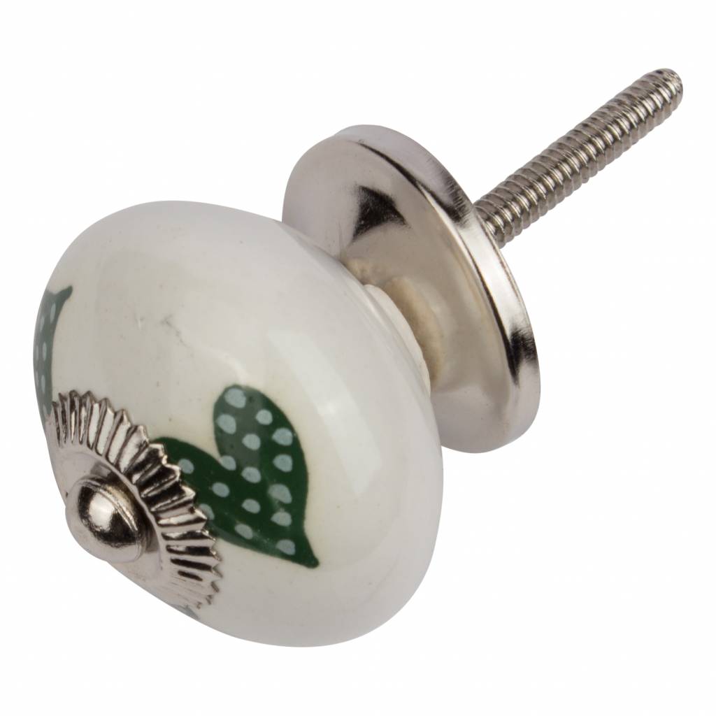 Furniture knob white green dotted hearts - dark