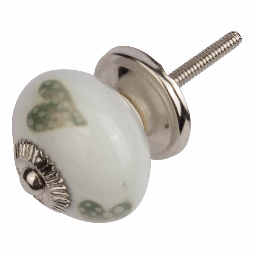 Furniture knob 40mm white green dotted hearts