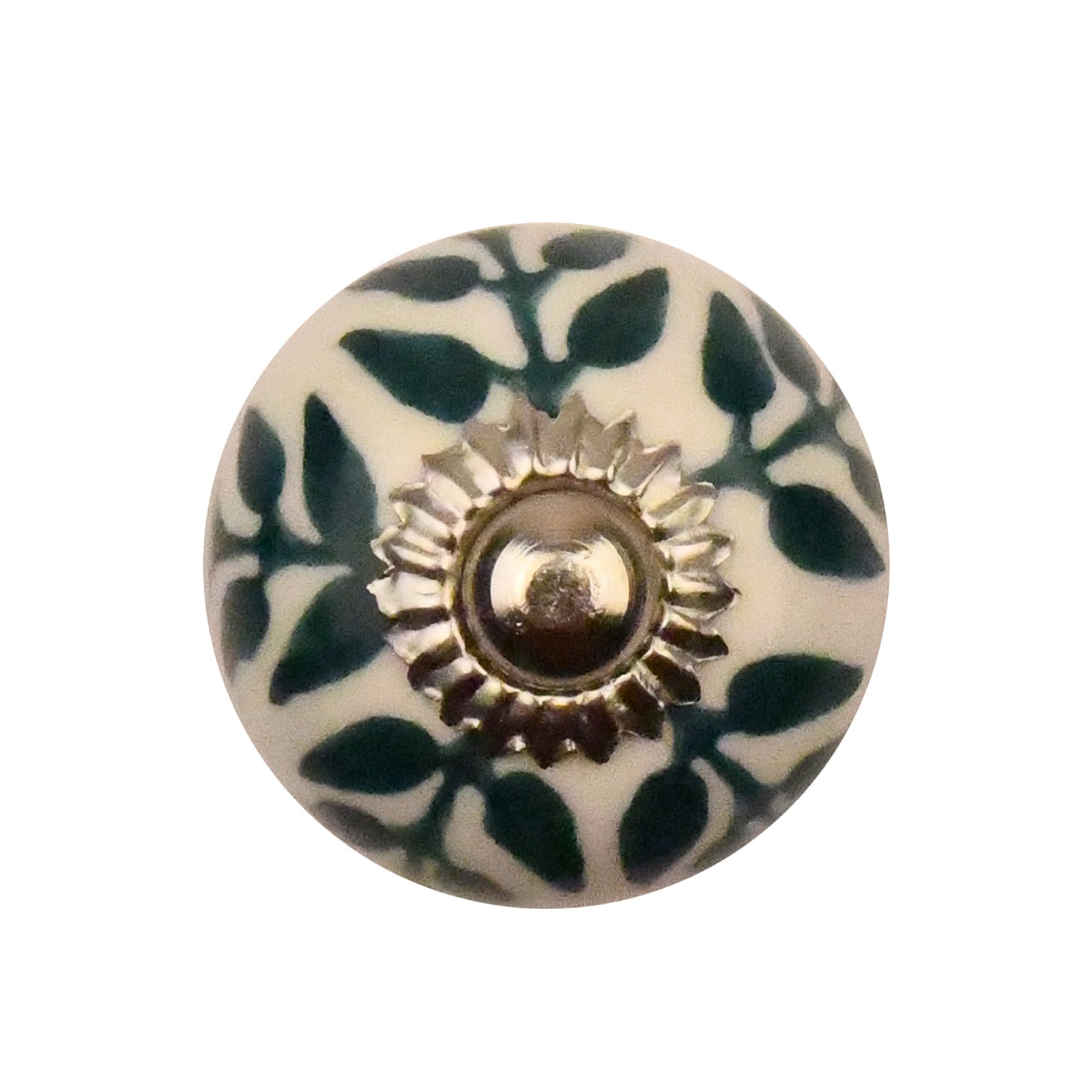 Furniture knob 30mm white with green leaves