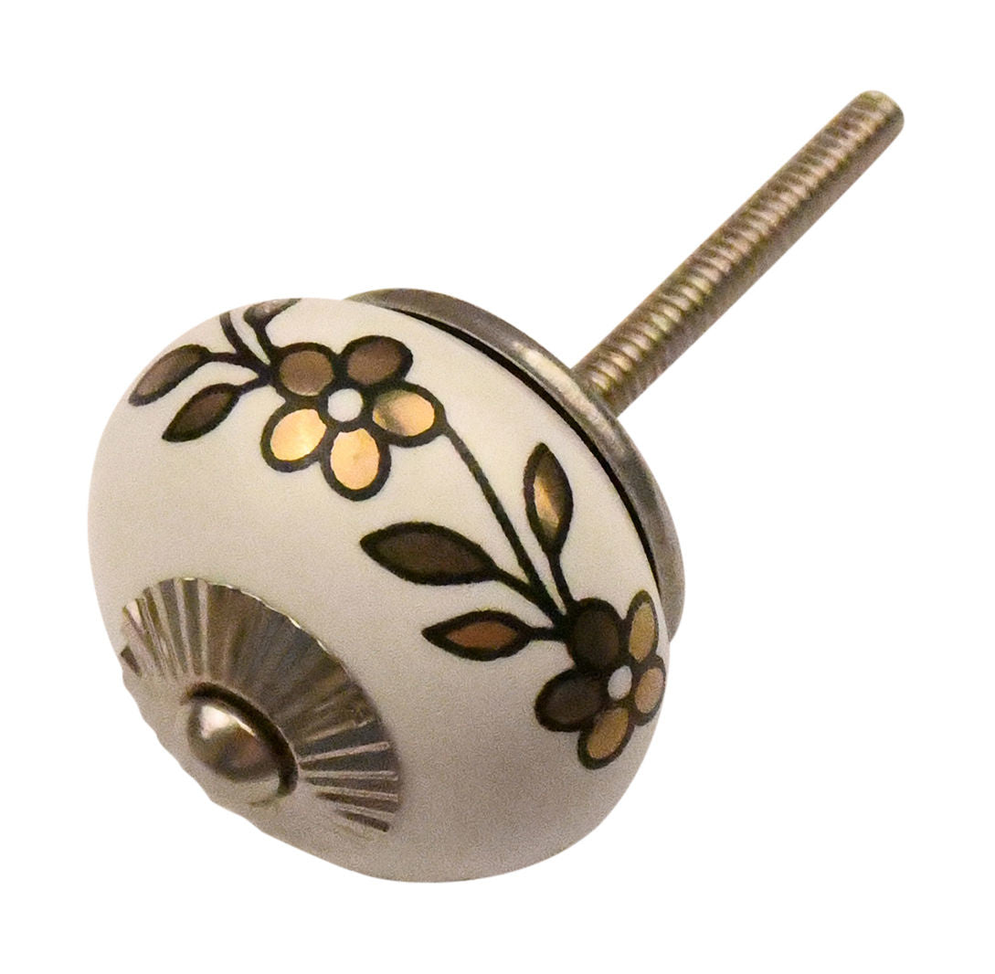 White Cabinet Knob with Gold Flowers