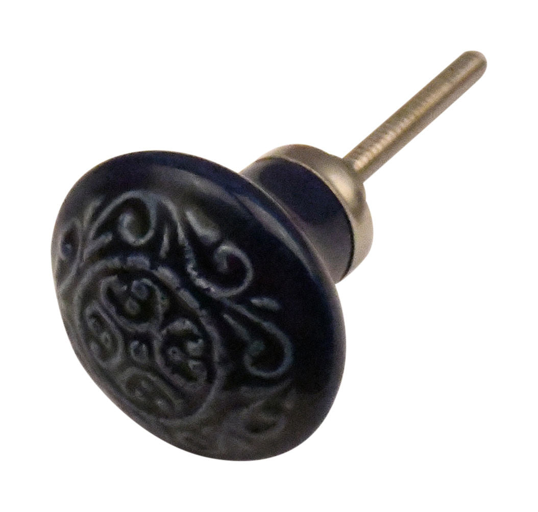 Furniture knob 41.5mm dark blue with plant motif