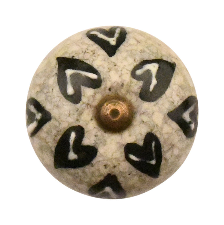 Furniture knob 40mm grey/beige with black/white hearts