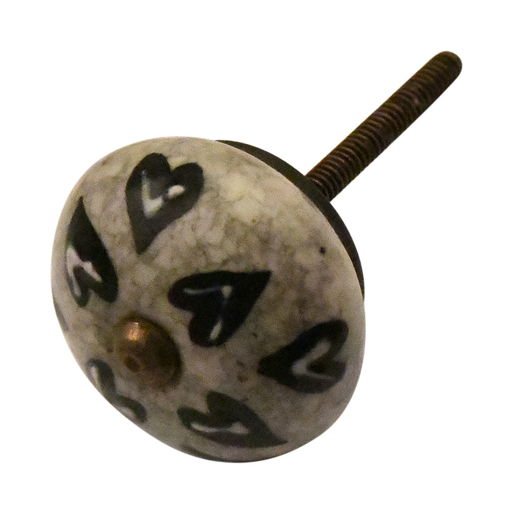 Furniture knob 40mm grey/beige with black/white hearts