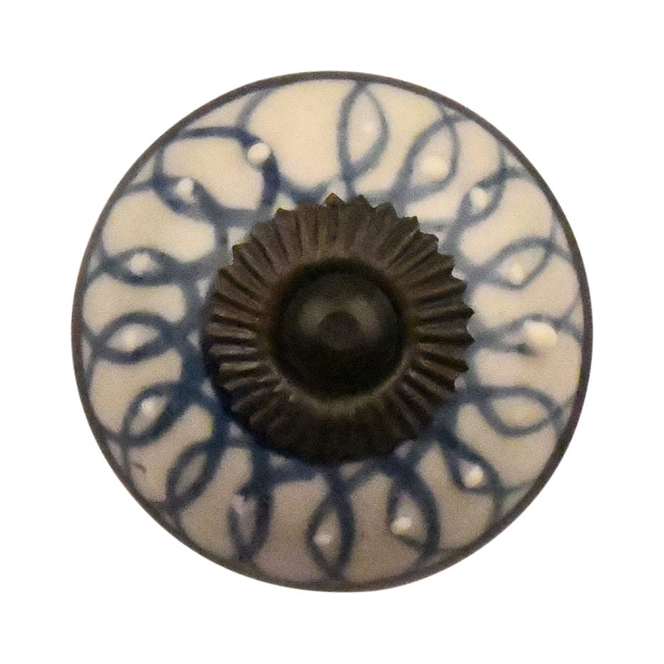 Furniture knob 40mm flower pattern blue