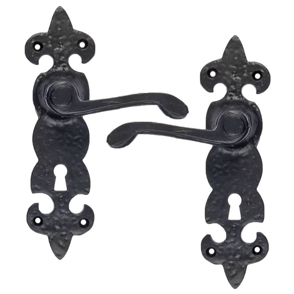 Door Handle on Shield "Fleur-de-lis" - Classic Design in Black Lacquered Cast Iron