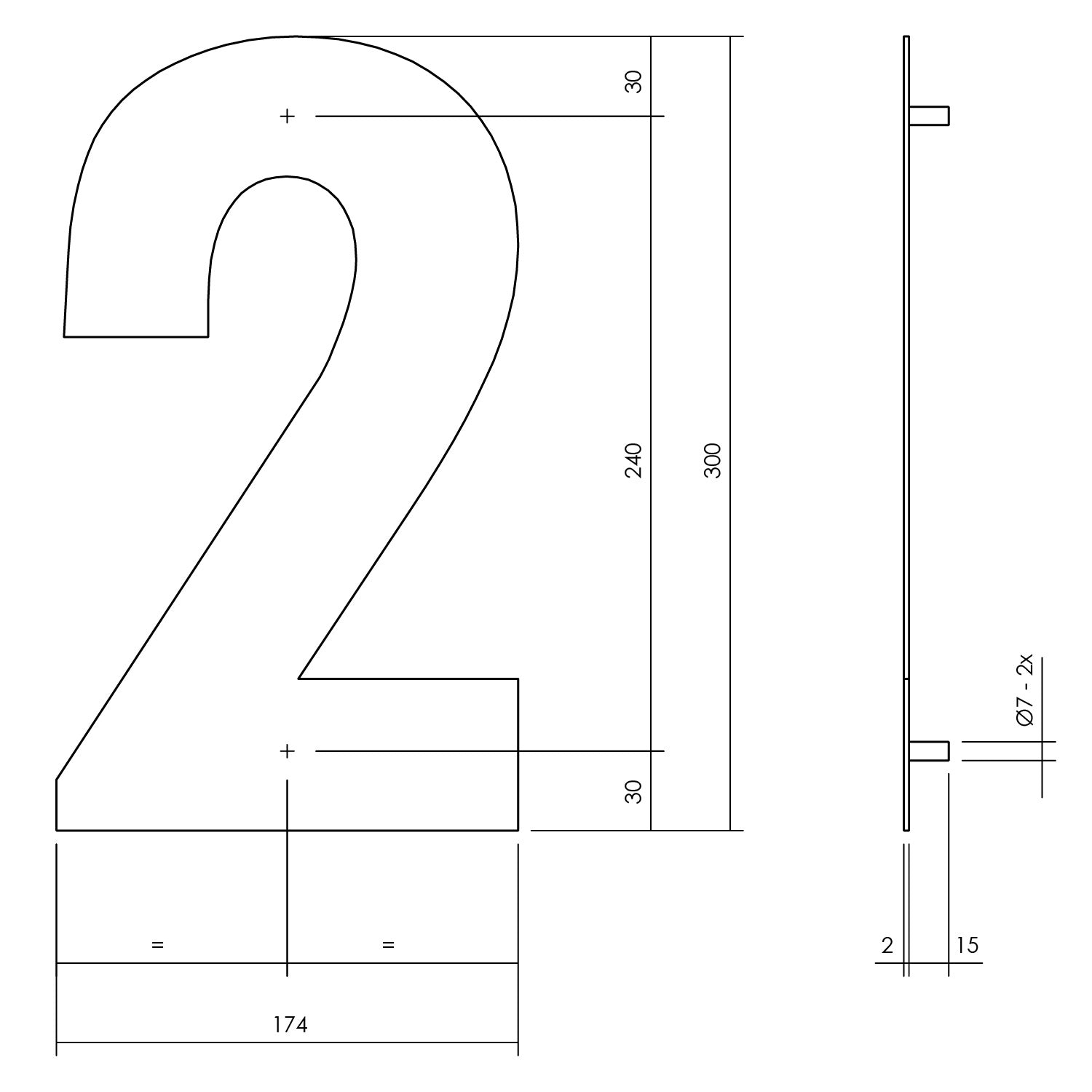 Huisnummer 2 XL 300 mm mat zwart