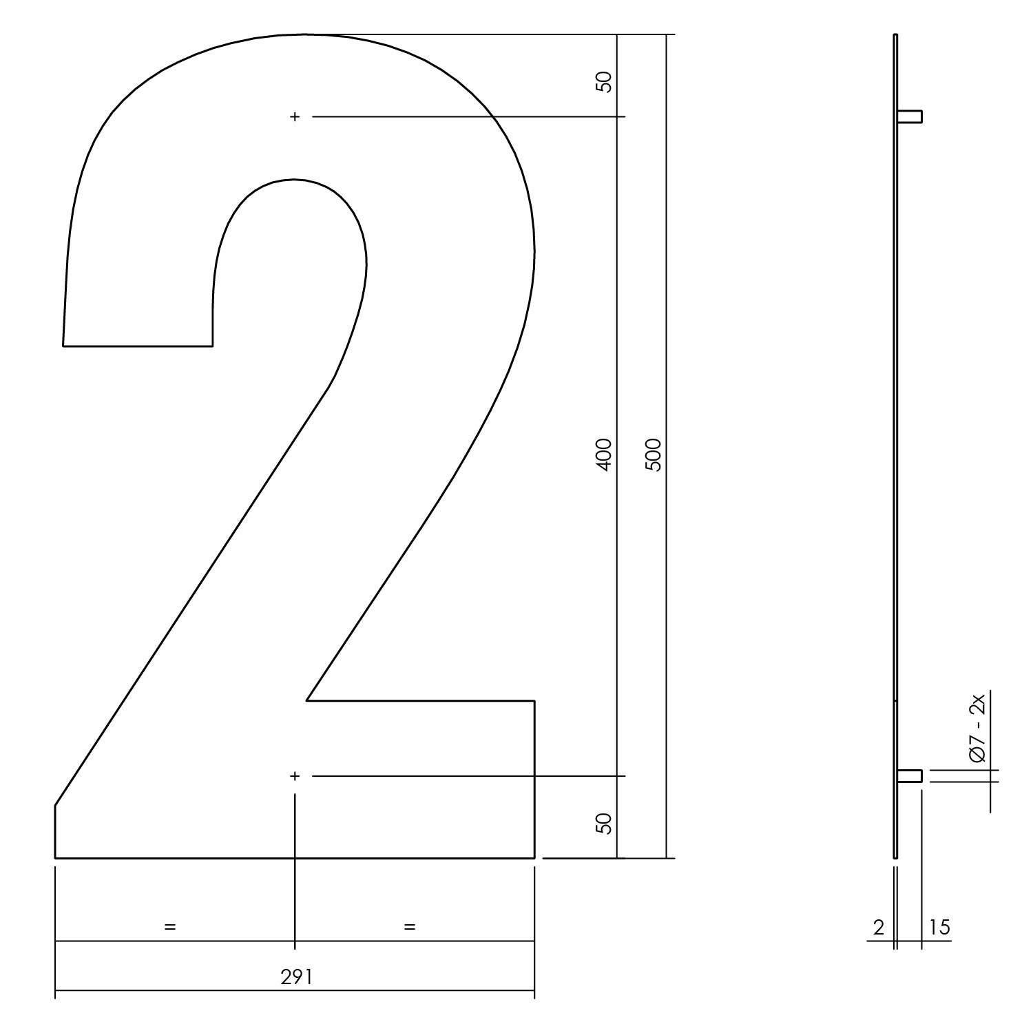 Huisnummer 2 XXL 500 mm mat zwart