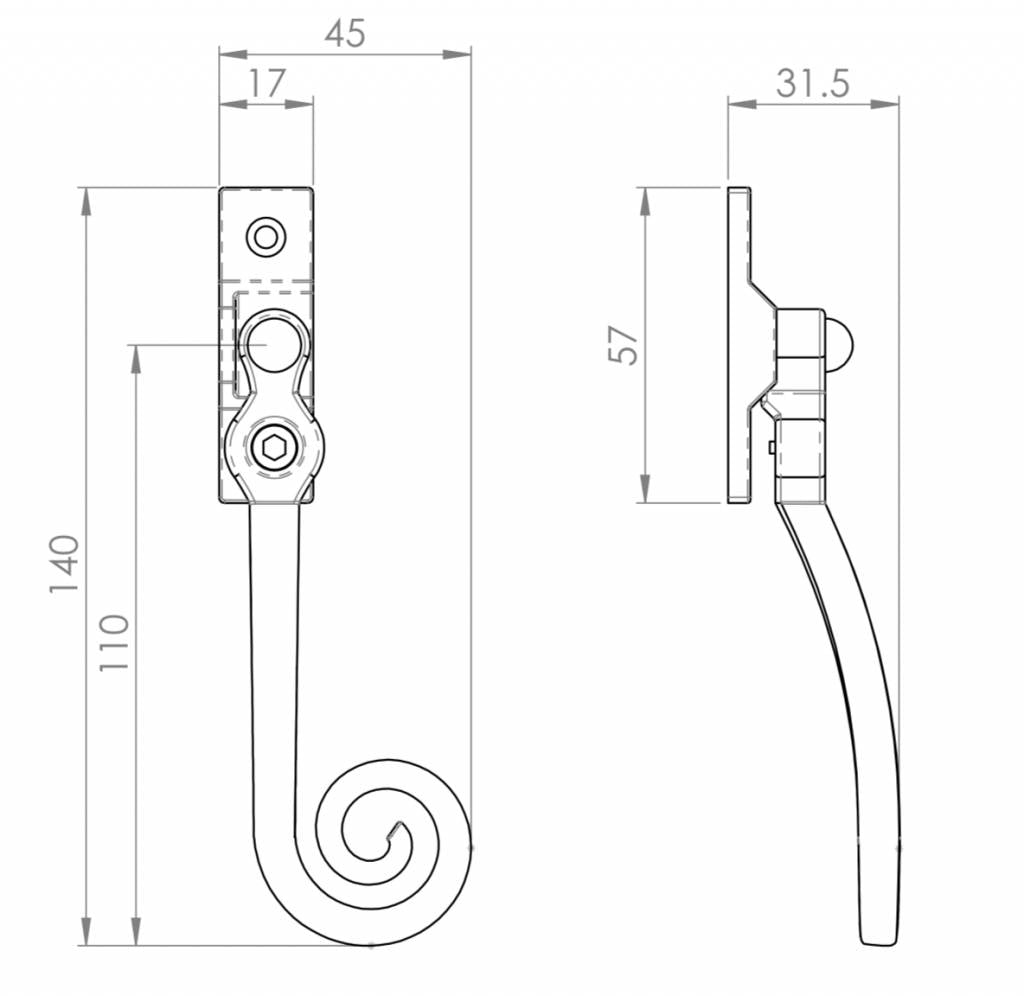 Window fastener curl - right