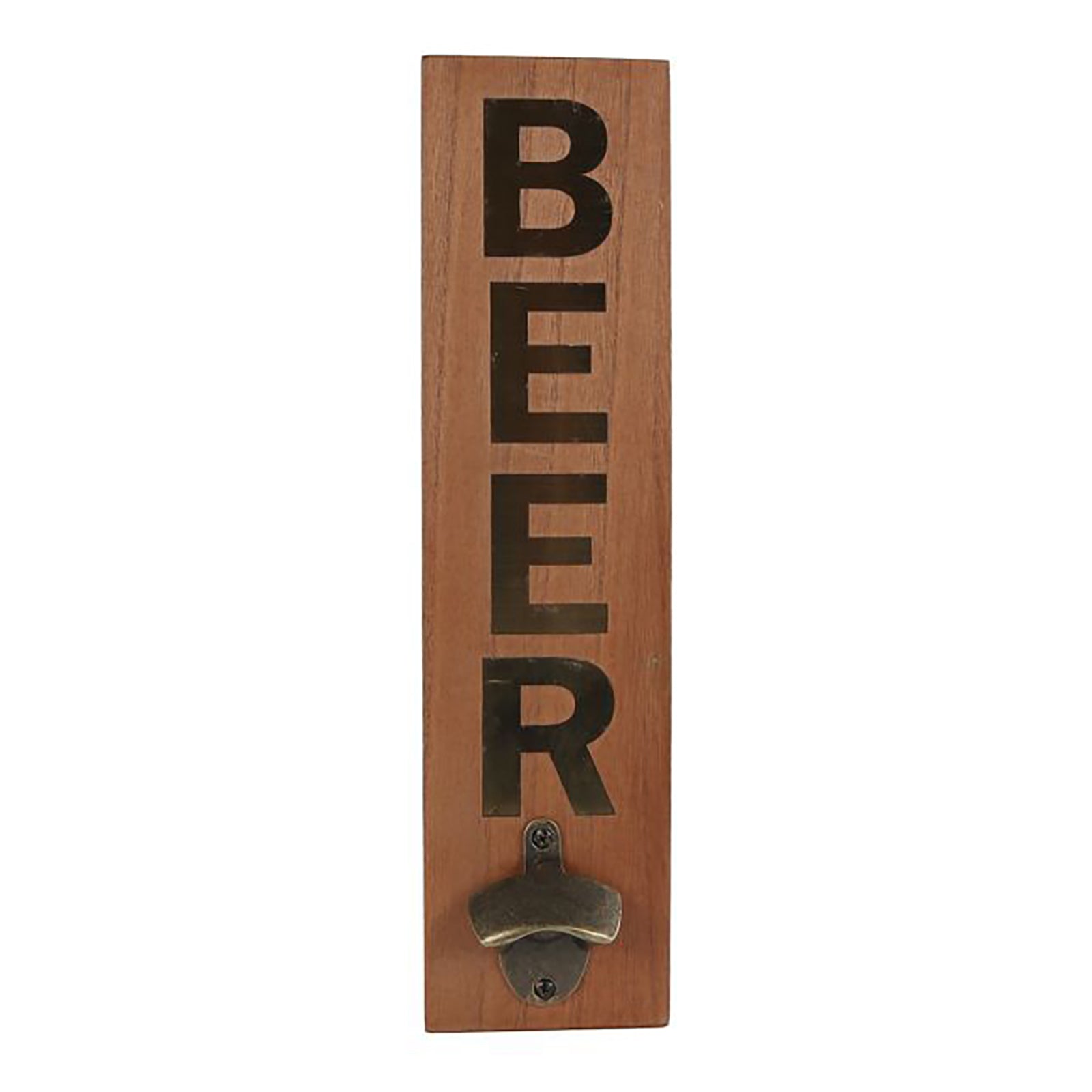 Wandflesopener "Beer" van Hout met Zwarte Letters en Goudkleurige Opener - 10x40x4 cm